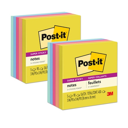 Post-It Super Sticky Notes, 3x3 in, Summer Joy Collection, 90 Sheets/Pad, 5 Pads/Pack, 2PK 654-5SSJOY